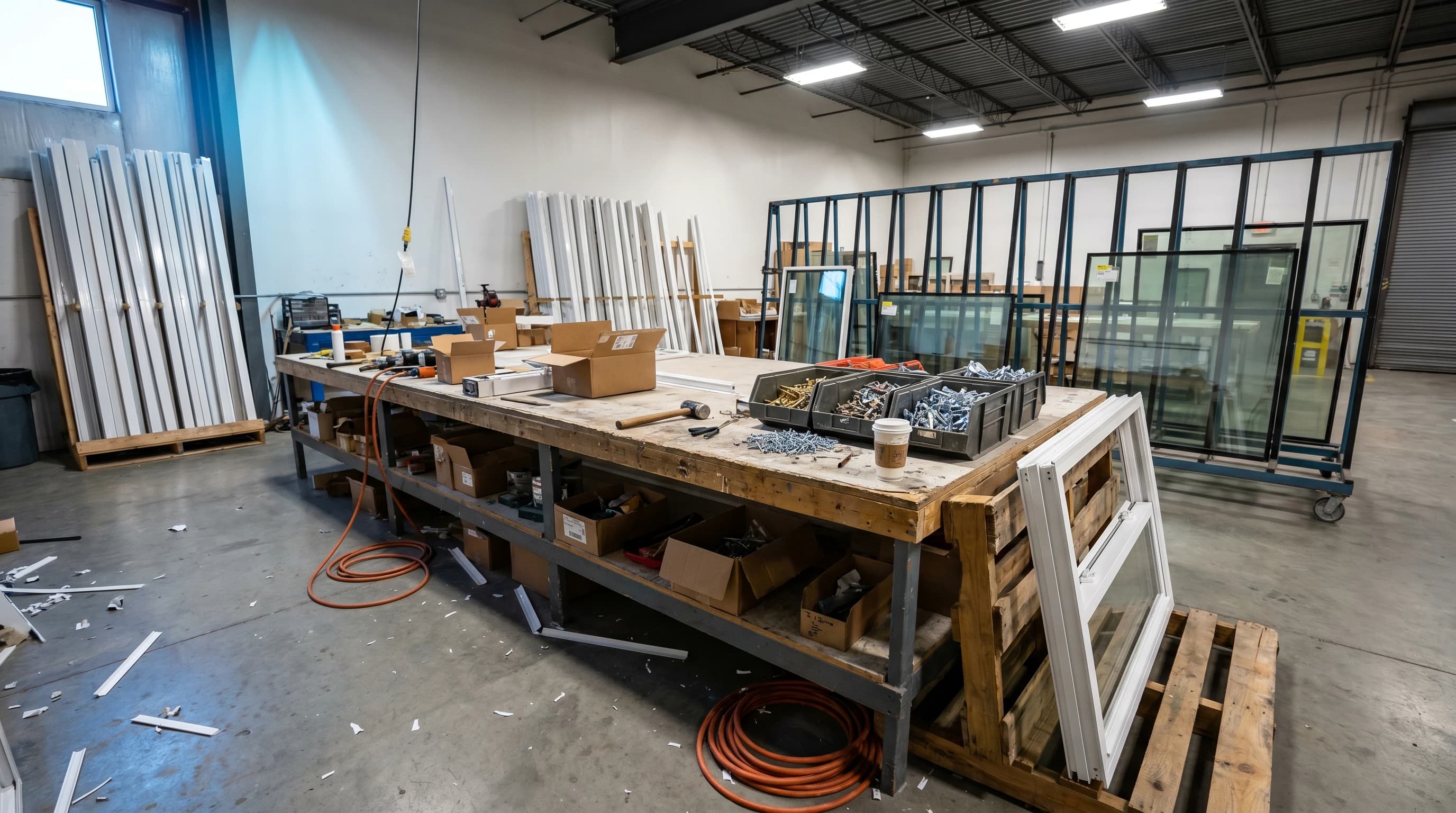 A wooden assembly bench covered with open cardboard boxes, loose screws, a hammer, a coffee cup and mixed fastener bins, with an orange air hose coiled on the floor and window frames leaning against the wall behind.