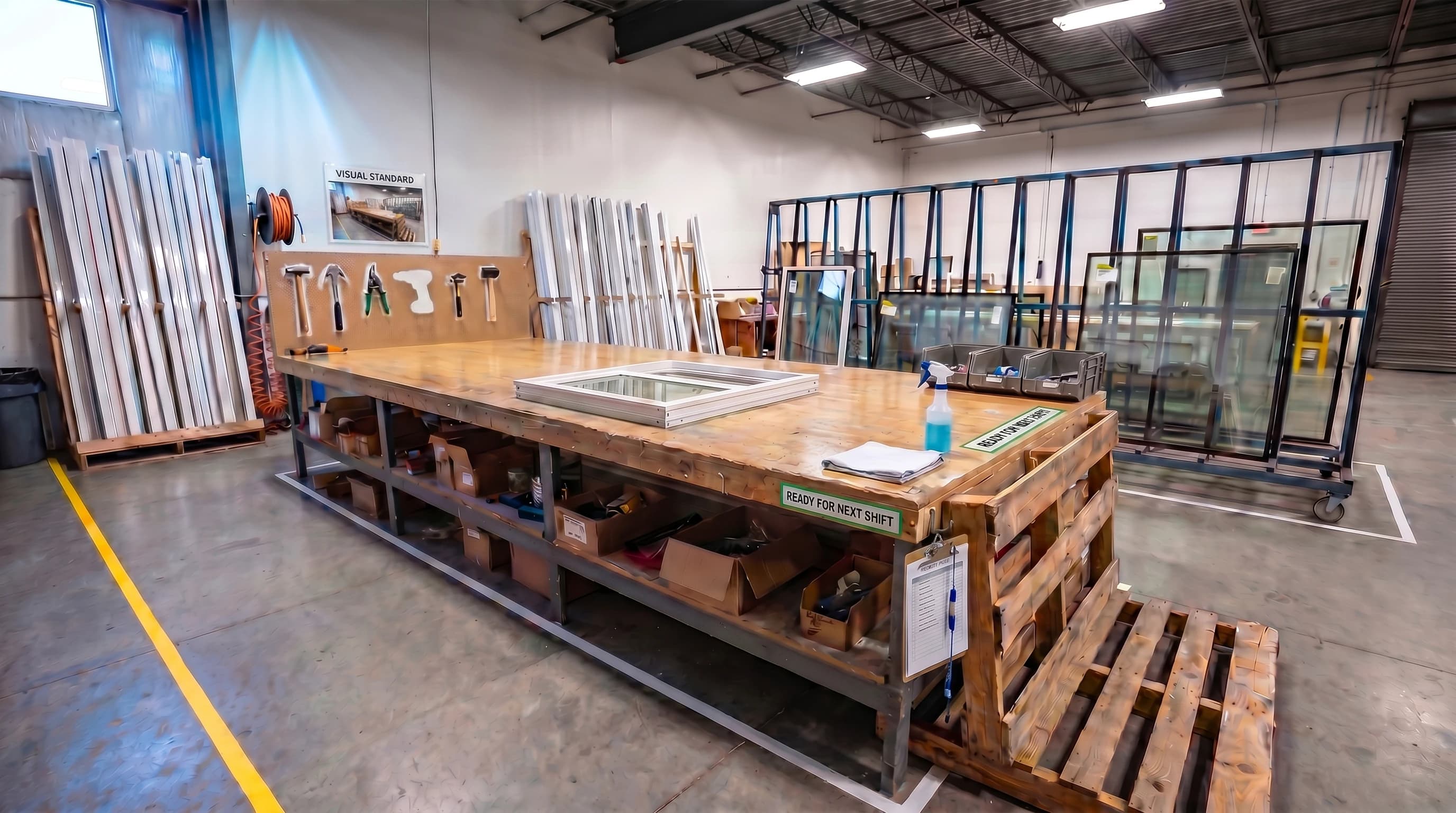The same bench cleared and swept, with a pegboard behind it holding hammers and pliers against painted outlines, one outline empty. Green "Ready for next shift" labels run along the bench edge, a red-tag clipboard hangs on the end, and white tape marks a square on the floor.