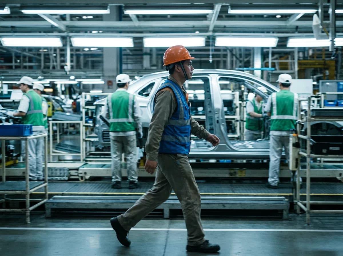 A team leader in an orange helmet walking the assembly line while operators in green vests keep working at their stations