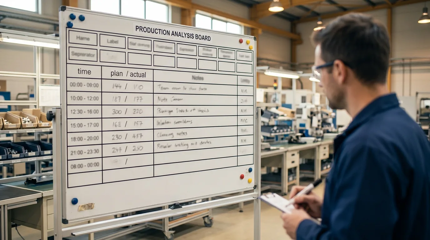 A whiteboard ruled into time-block rows with columns for planned output, actual output and a reason for any gap, filled in by hand across a shift.