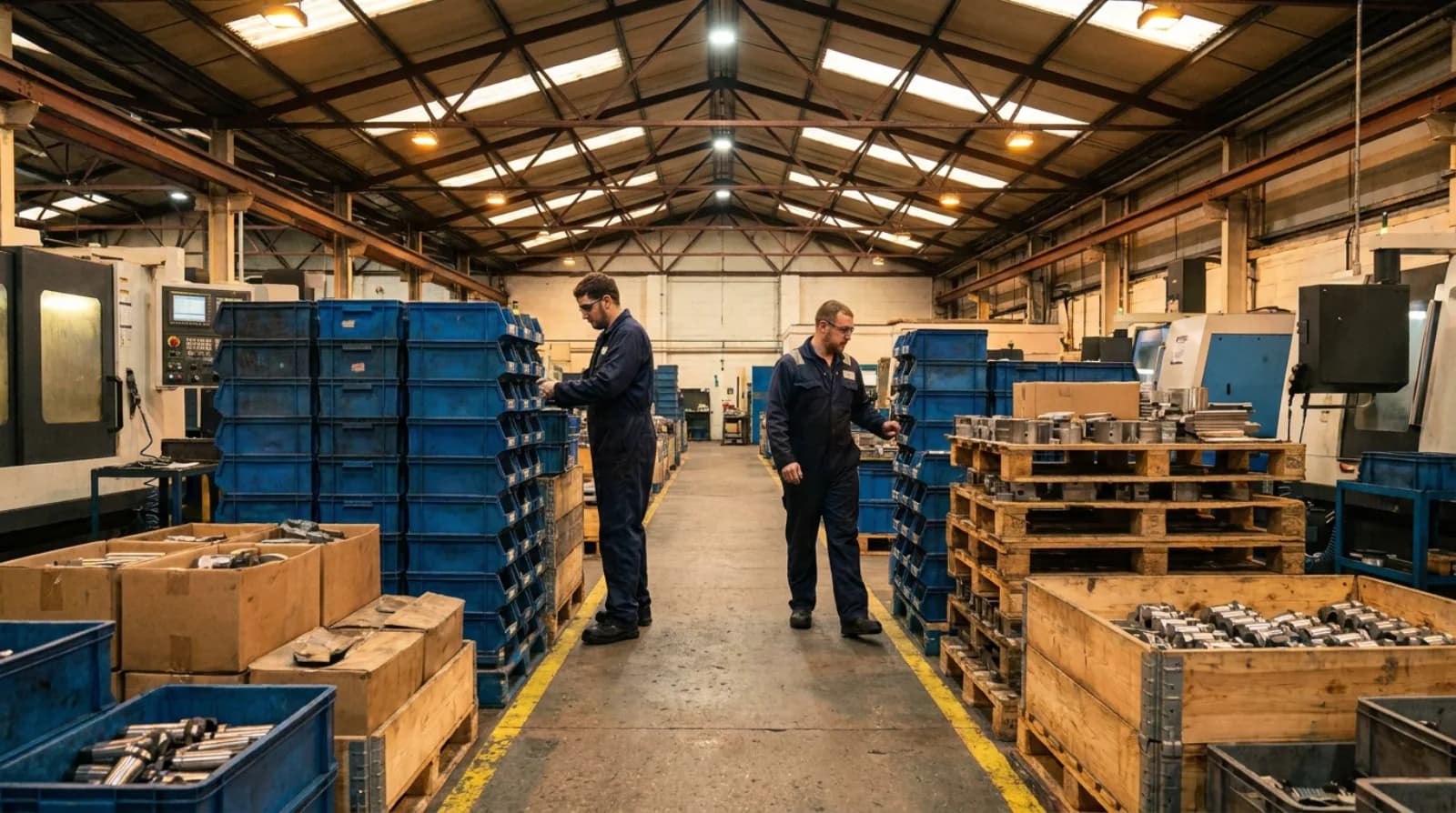 Two operators in coveralls walk a yellow-taped aisle between stacked blue totes and wooden pallet crates of machined parts, with machine tools on both sides.