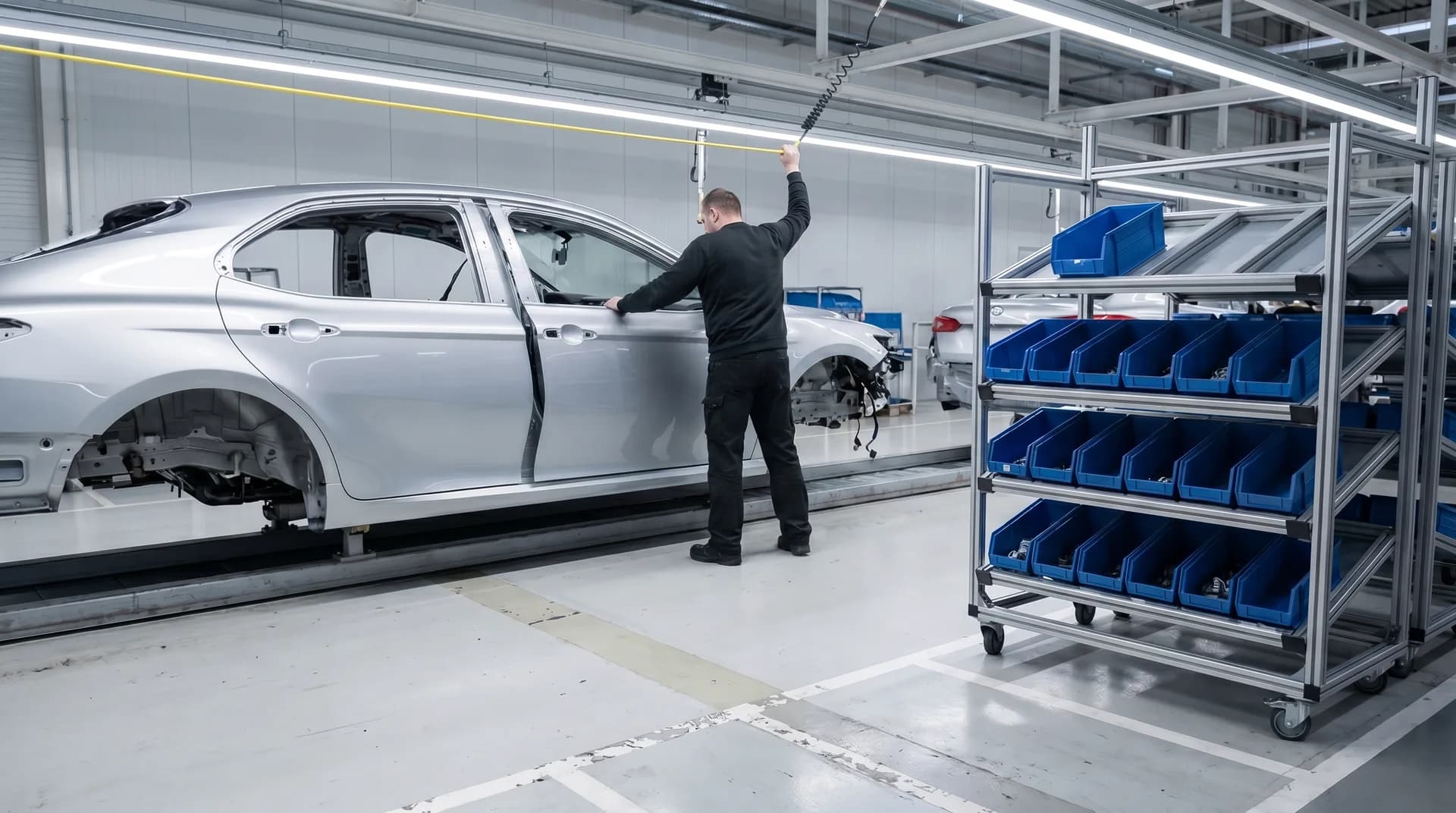 An operator on a car assembly line reaching overhead with one hand to pull the yellow andon cord, the other hand still resting on the body panel