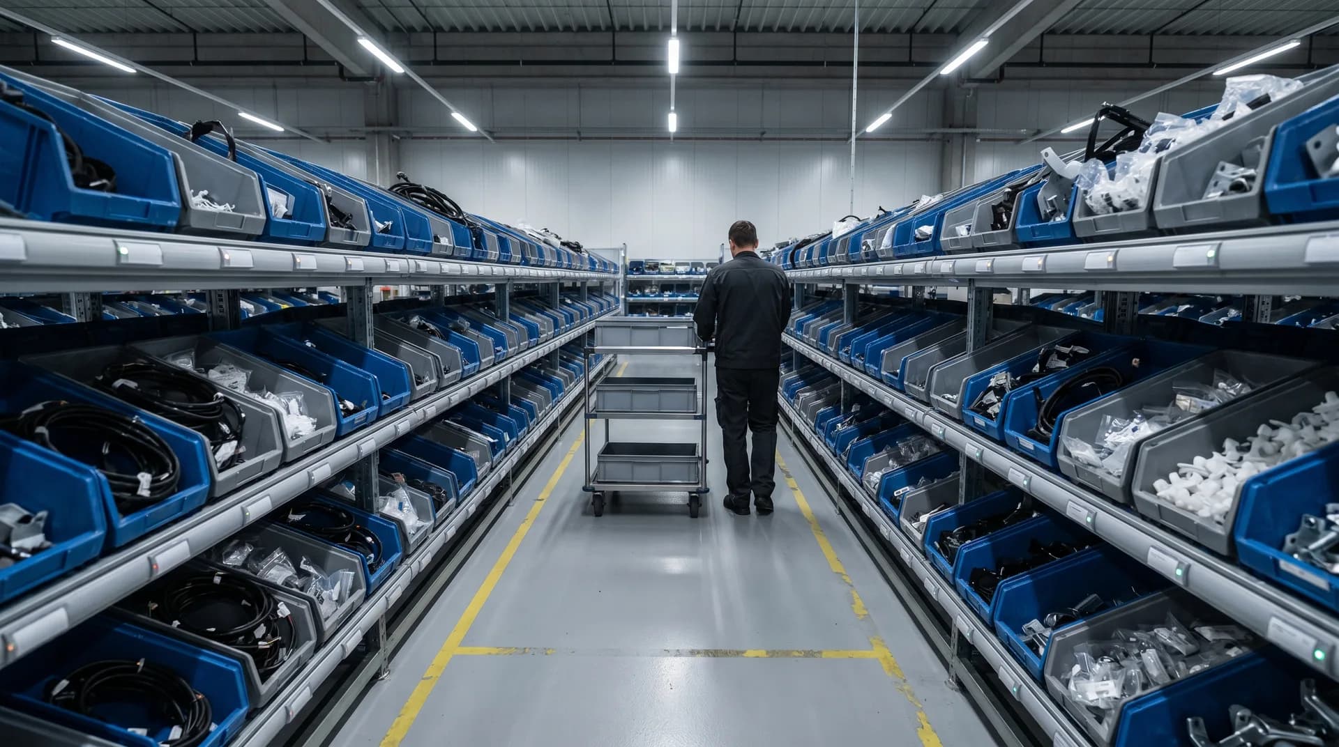 A worker pushes an empty three-tier trolley down a narrow aisle between tall racks of blue and grey open-front bins holding cables, clips and small brackets, with a yellow lane marked on the floor.