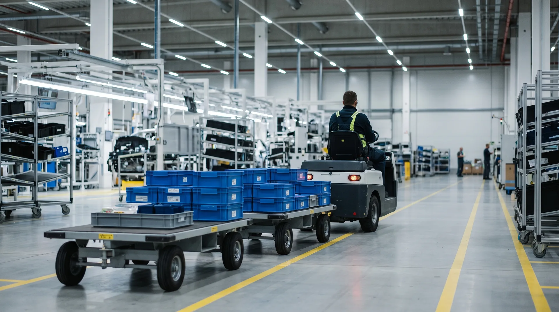 A driver in a high-visibility vest tows two flat trailers stacked with blue and grey plastic totes along a yellow-taped lane through an assembly hall.