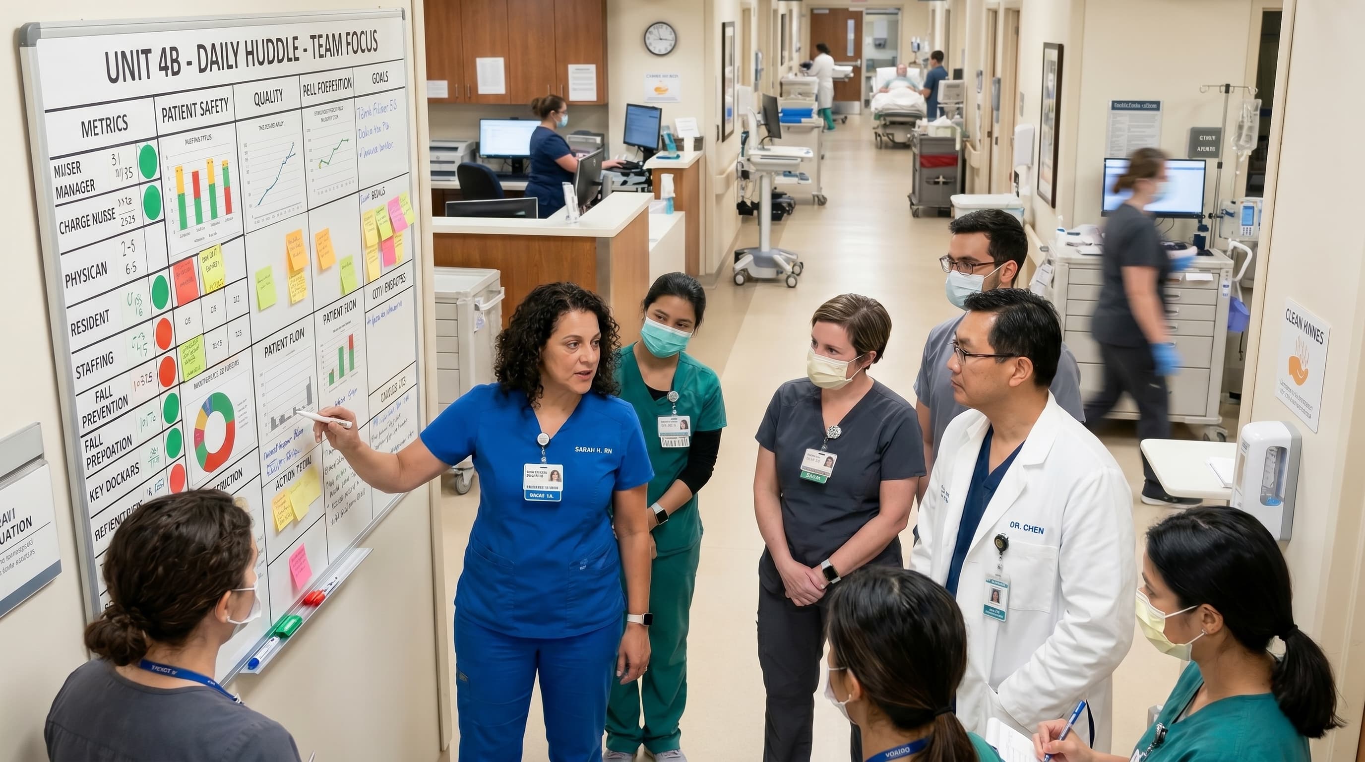 A care team at a visual management board on a hospital unit