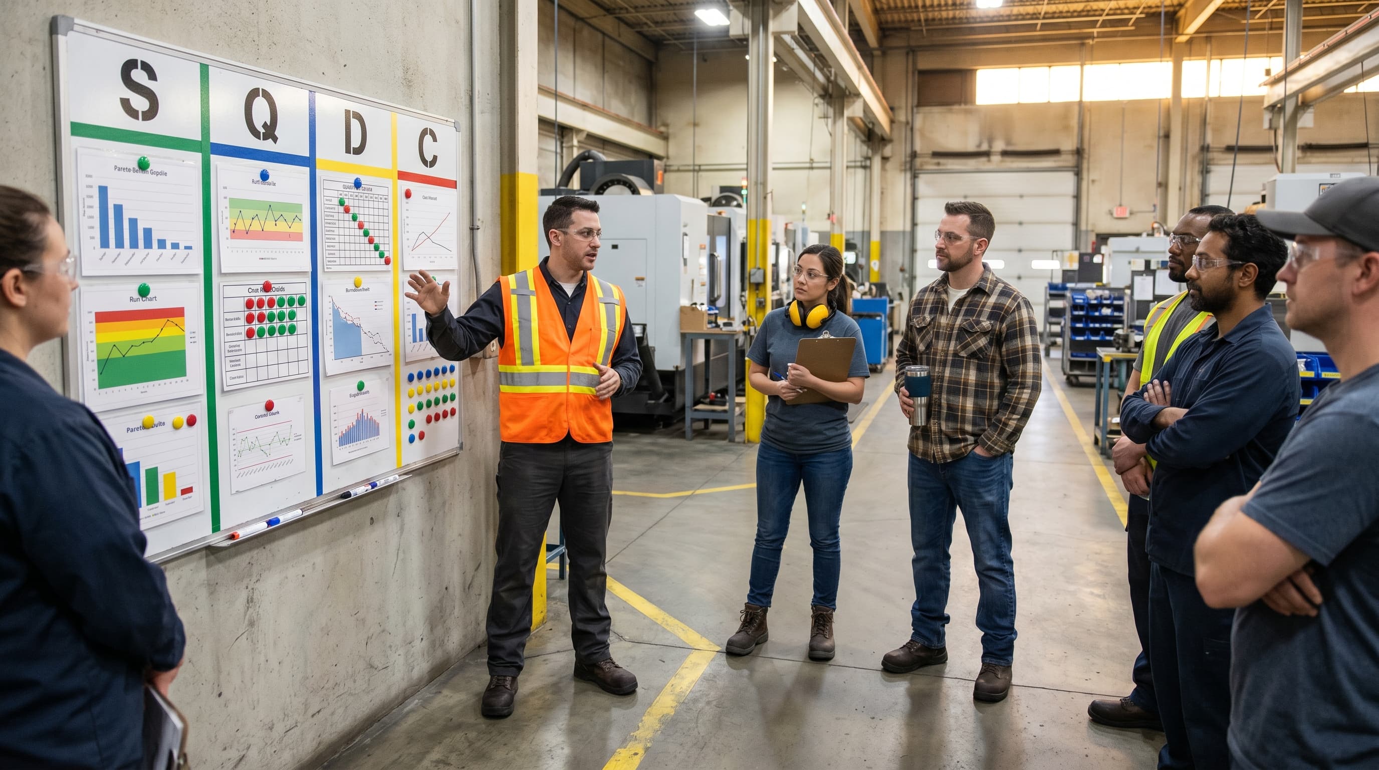 Operators at a workstation on a manufacturing line