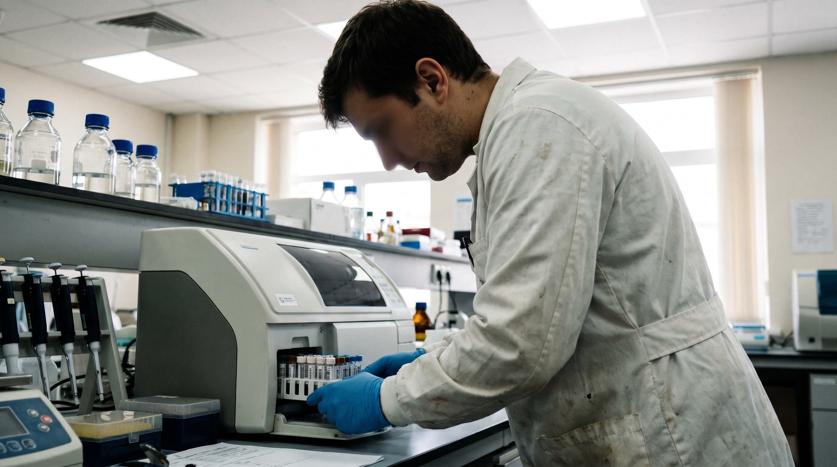 A technician loading samples into an analyzer in a clinical laboratory