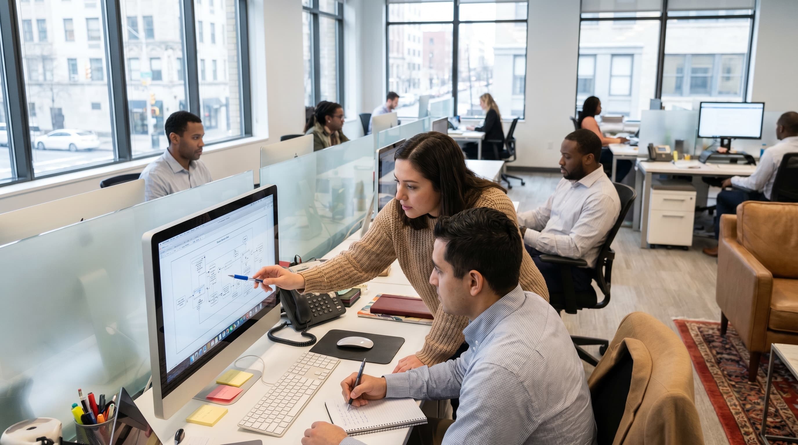 Colleagues reviewing a process diagram at a desk in an open-plan office