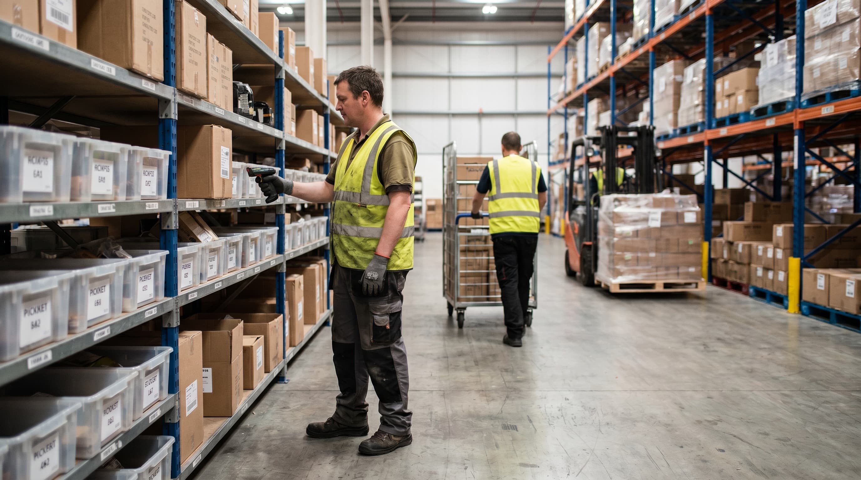 A worker picking from labeled bins in a distribution warehouse