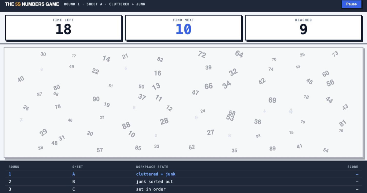The 5S Numbers Game played in the browser: a sheet of scattered numbers being tapped in order
