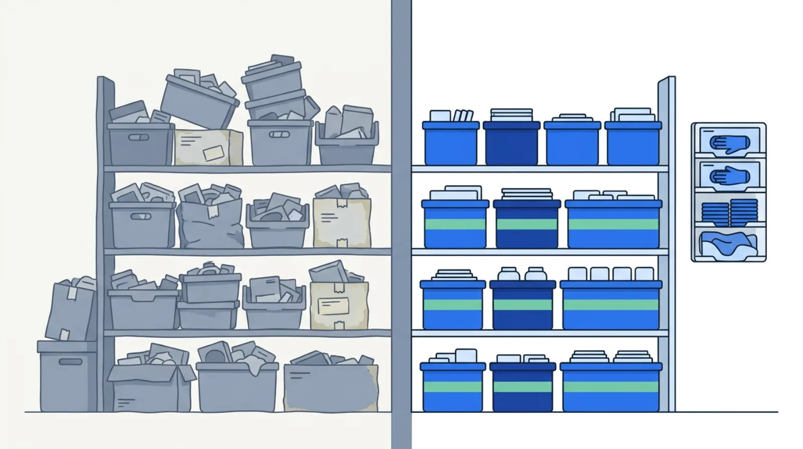Before-and-after of a hospital supply room: cluttered shelves with mixed and expired stock on the left; standardized, labeled bins with visible par lines and point-of-use PPE on the right.