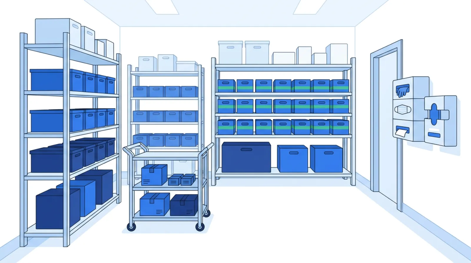 A standardized hospital clean supply room with clearly labeled bins, visible par-level min and max lines, and point-of-use gloves and PPE at the entrance.