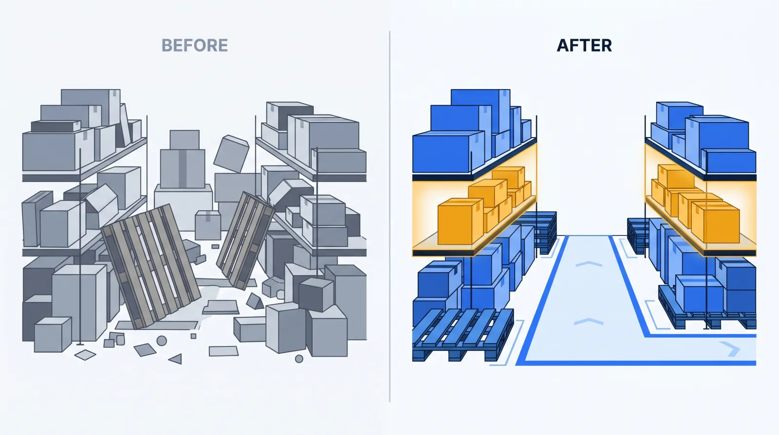 Before-and-after of a warehouse pick face: cluttered and blocked on the left; organized with squared pallets, clear lanes, and a golden-zone band of fast movers on the right.