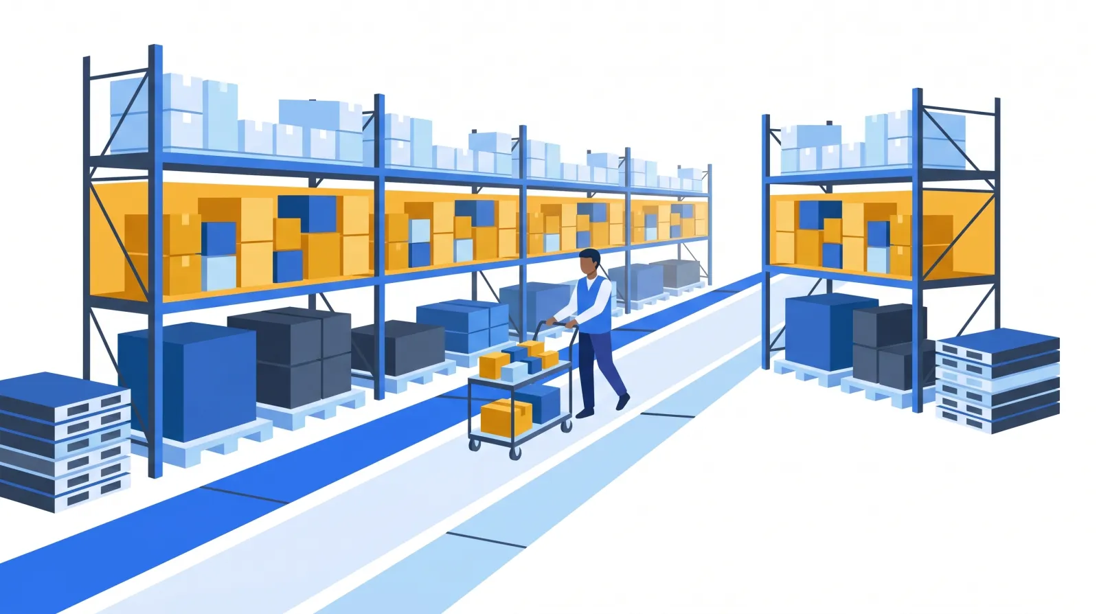 Organized warehouse aisle with fast-moving items in a highlighted golden zone at waist height, lighter items up high and heavy items low, and clear marked floor lanes.