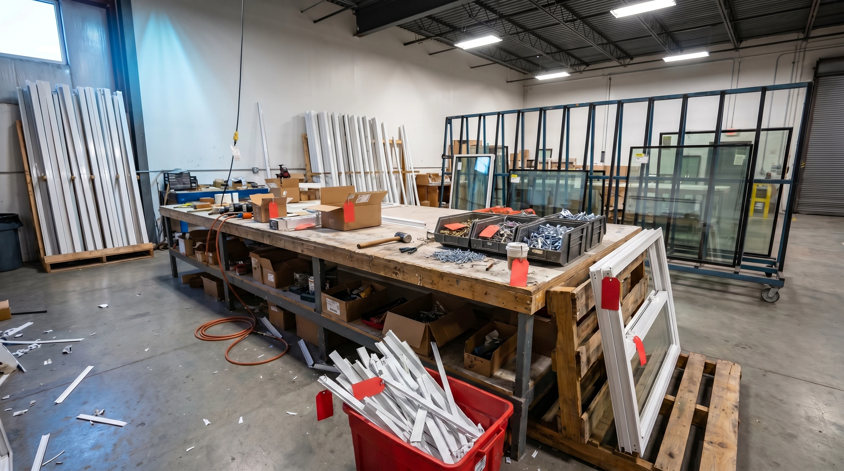 The same workstation during Sort, with red tags on unneeded items