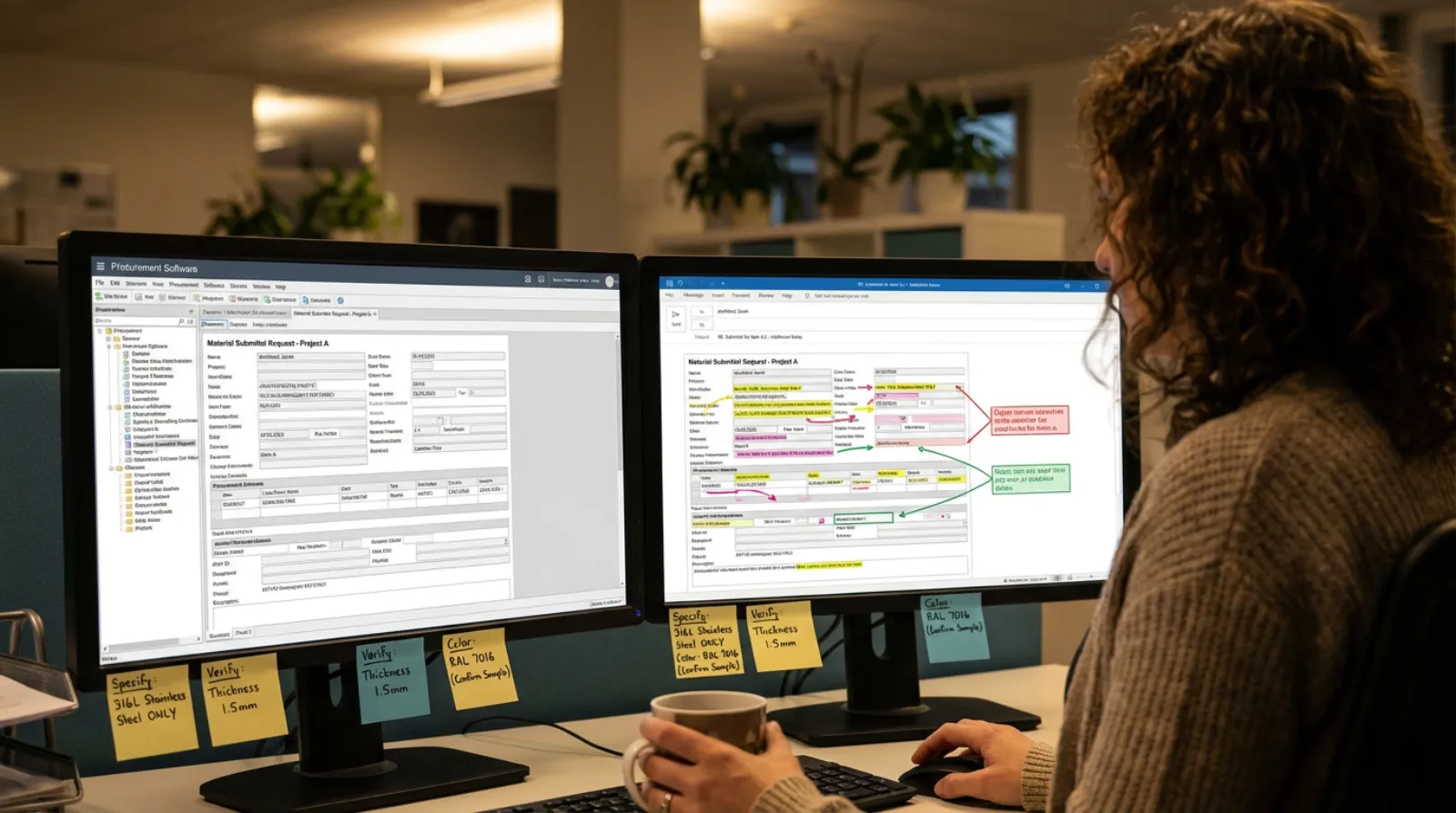 A procurement coordinator at a desk with dual monitors and a whiteboard of delivery schedules, a tight staging yard and tower crane visible through the window at dawn