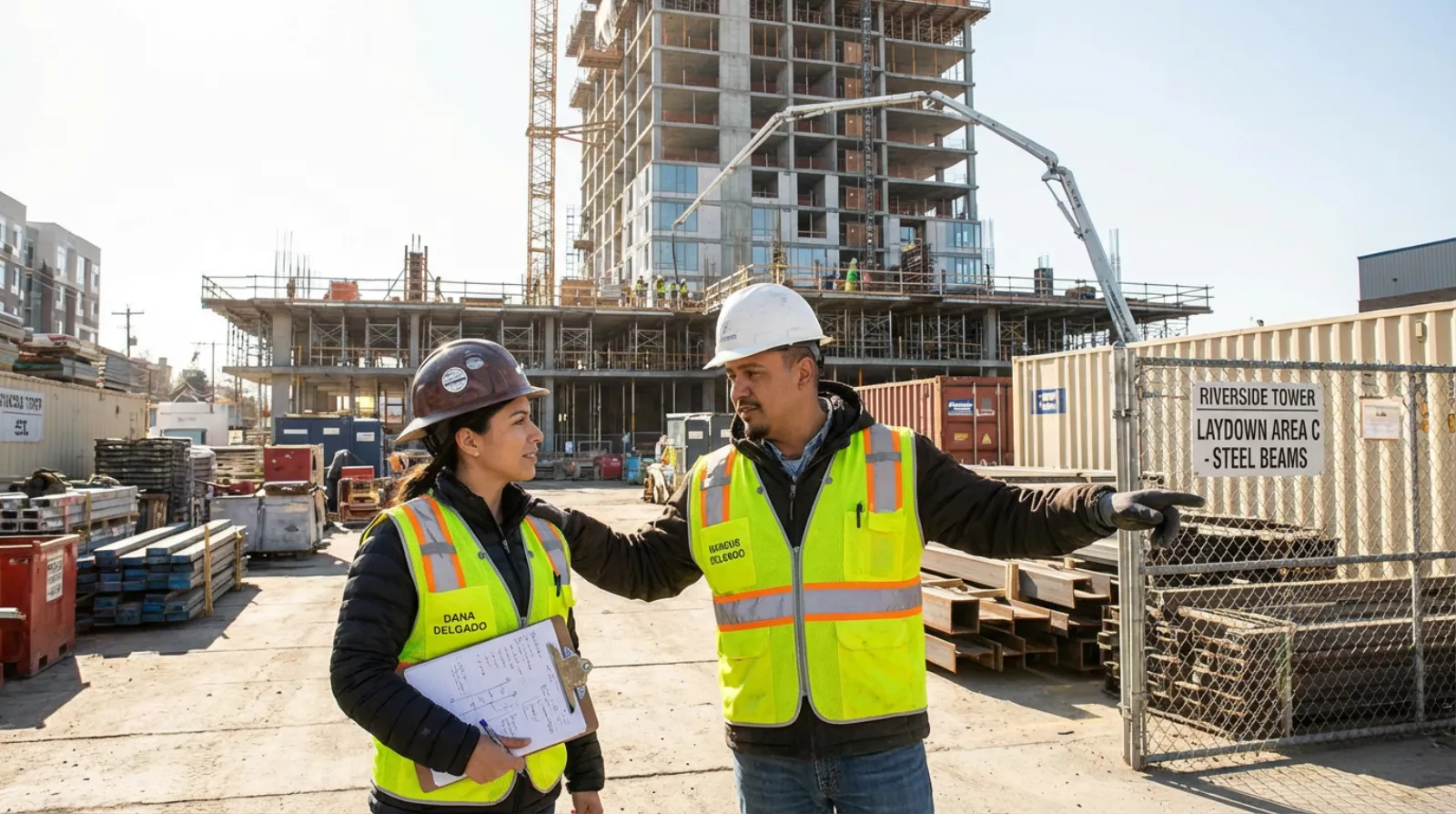 Three loaded flatbed trucks carrying structural steel beams arriving at a cramped construction staging yard already full of formwork and rebar, a tower crane committed over upper floors