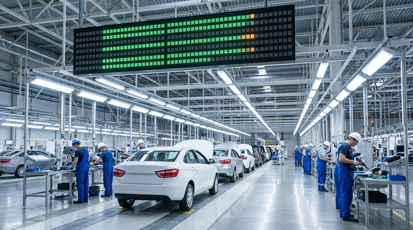 An automotive assembly line with an overhead andon board