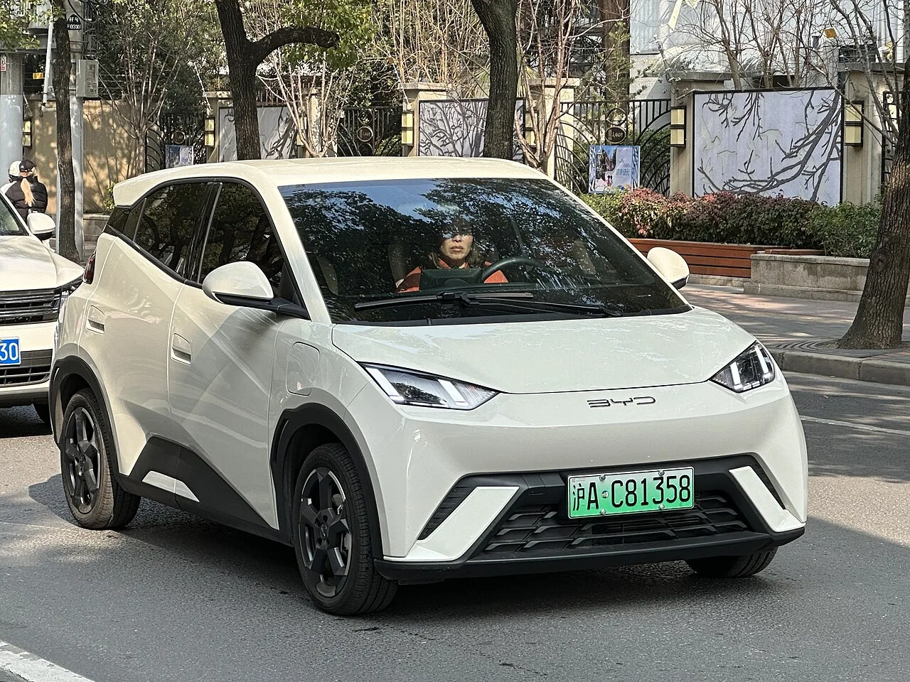 A white BYD Seagull hatchback parked on a street in China