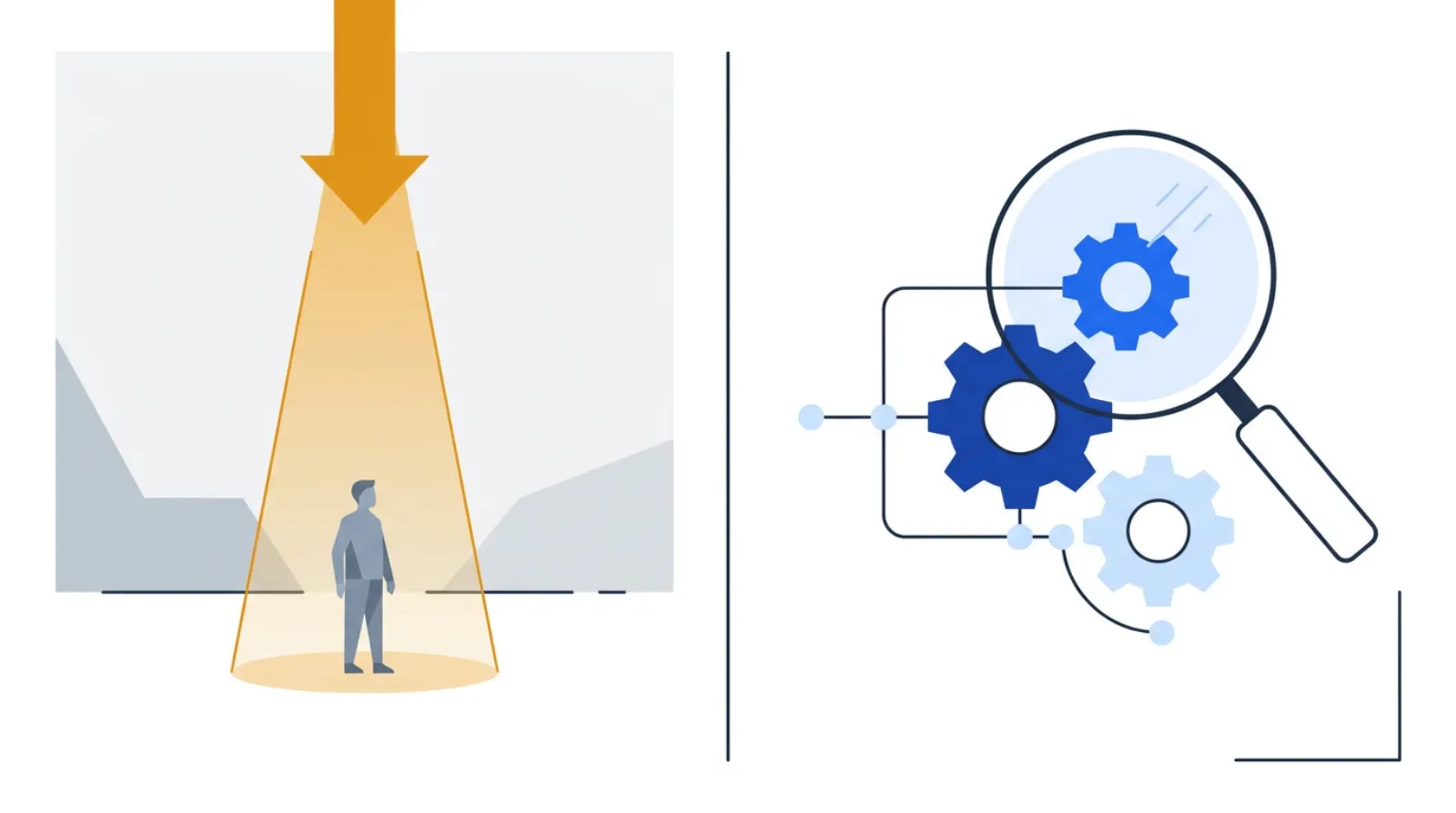 Two panels: on the left, a single worker silhouette under a harsh pointing spotlight; on the right, a magnifying glass examining a set of interlocking process gears.