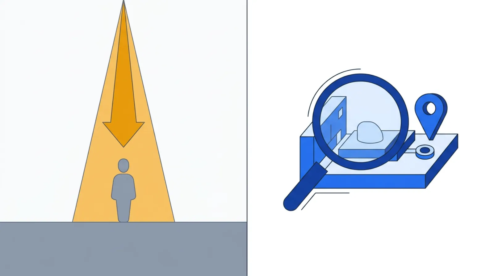 Two panels: on the left a single operator silhouette under a harsh accusing spotlight; on the right a magnifying glass examining a fixture with a locating pin and a sensor, representing fixing the process instead of blaming the person.