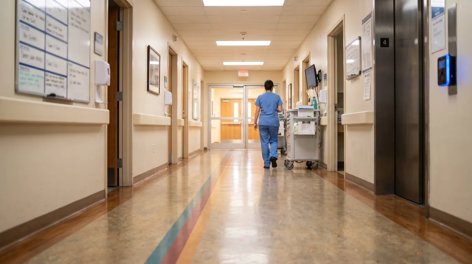 Hospital corridor looking back toward the med-surg unit doors