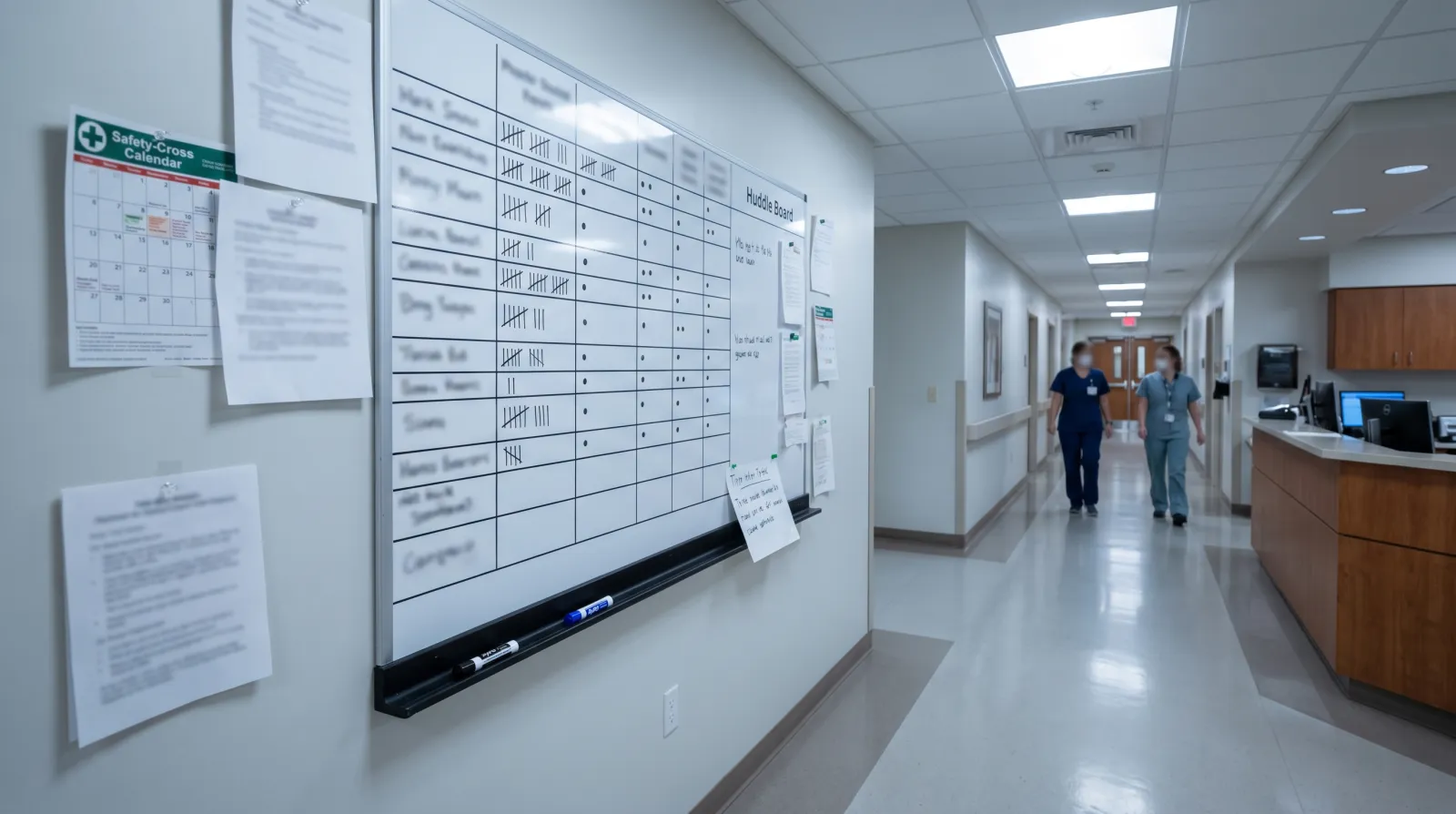 A unit huddle board on the wall of a hospital corridor: a tally grid, a safety-cross calendar, and a hand-written note taped to the board
