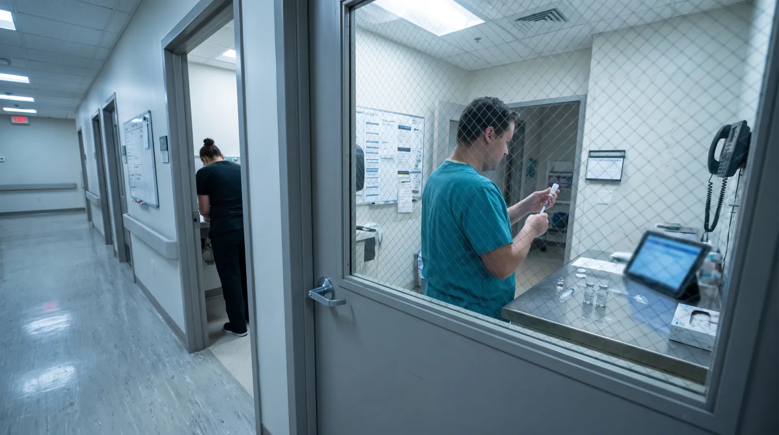 View through a med room door window of a nurse preparing medication at a counter