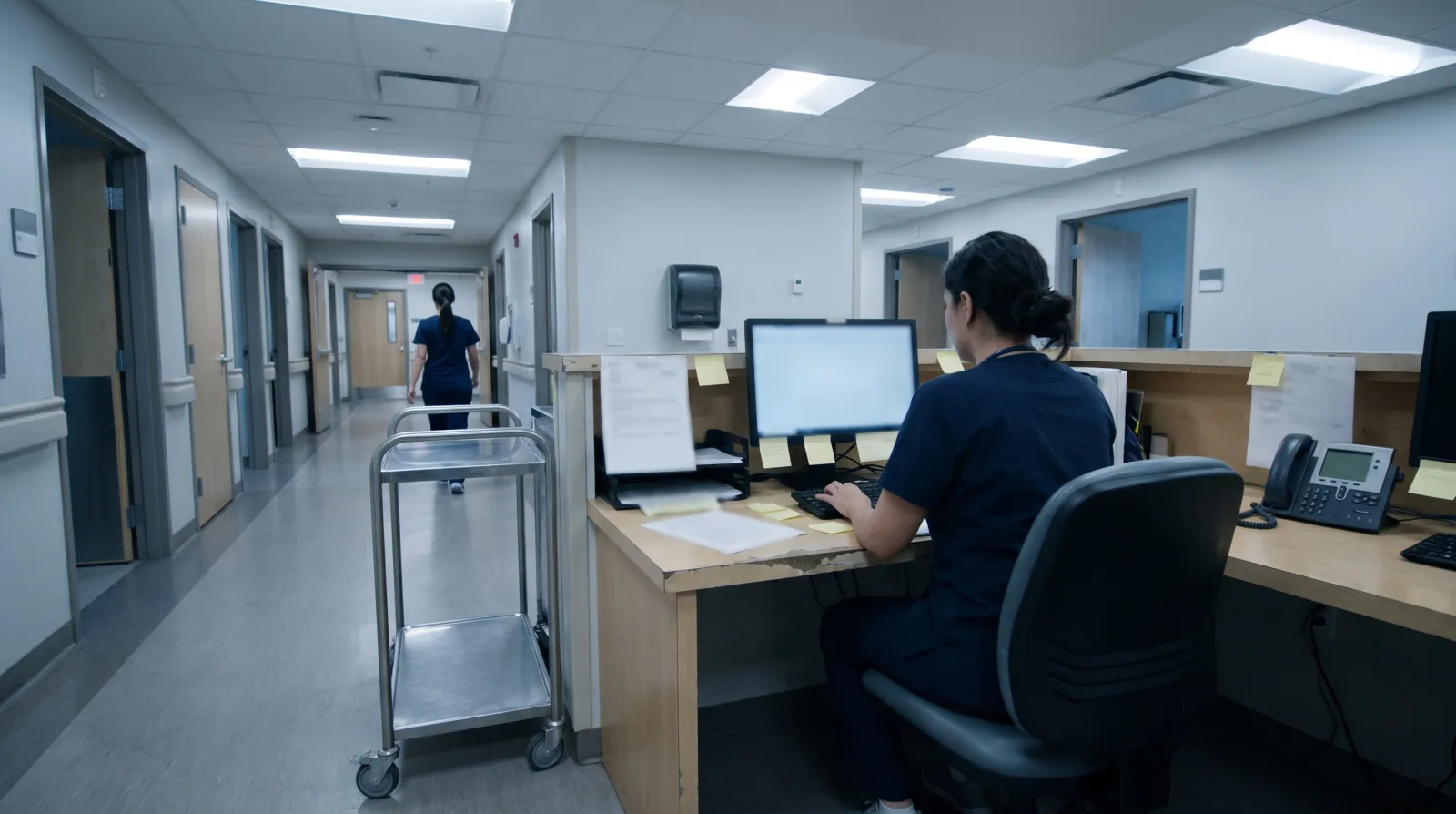 First-person view of a busy hospital nurse station, a nurse charting surrounded by handwritten notes
