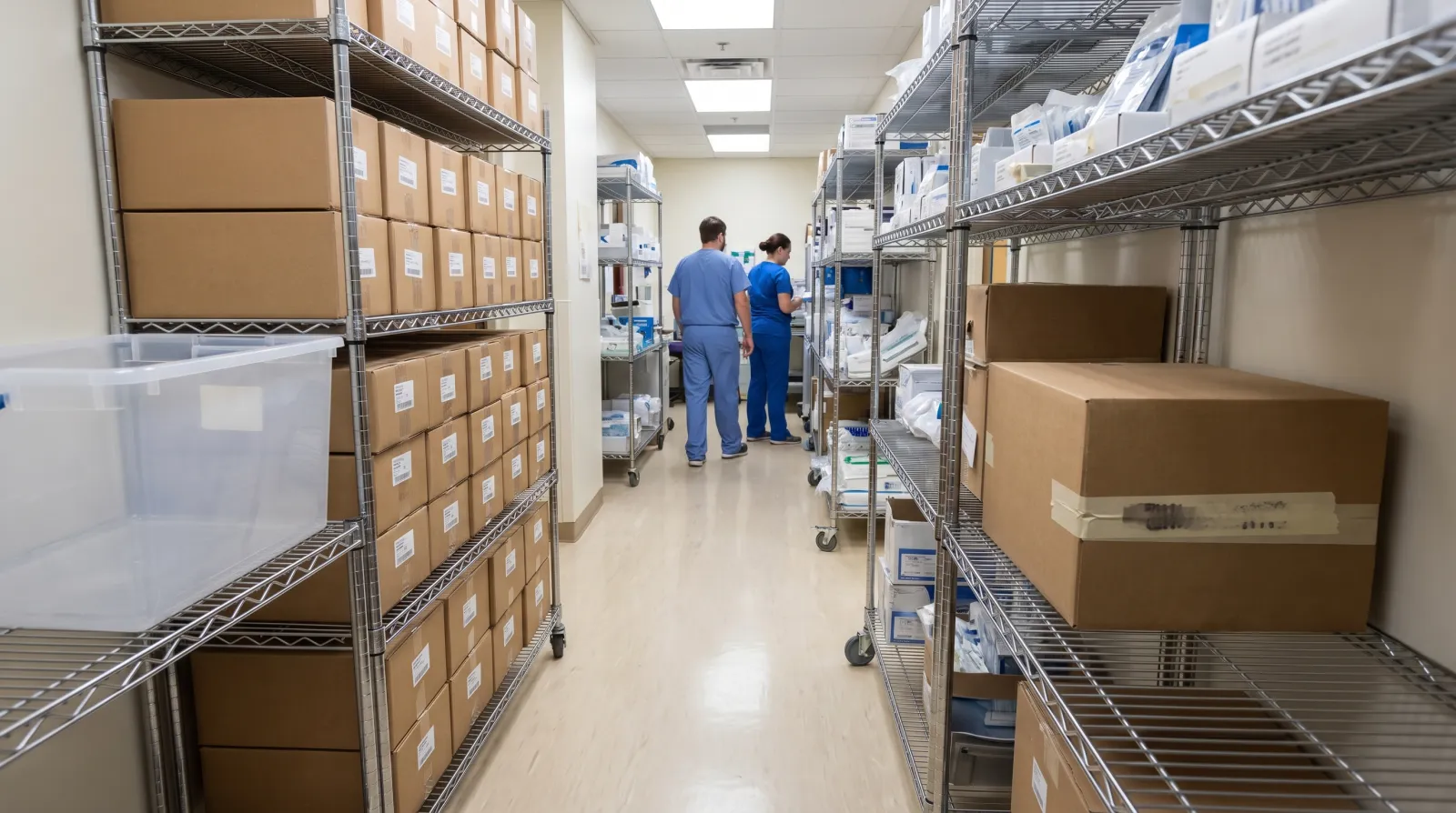 First-person view inside a hospital supply room with mismatched stock levels on wire shelving