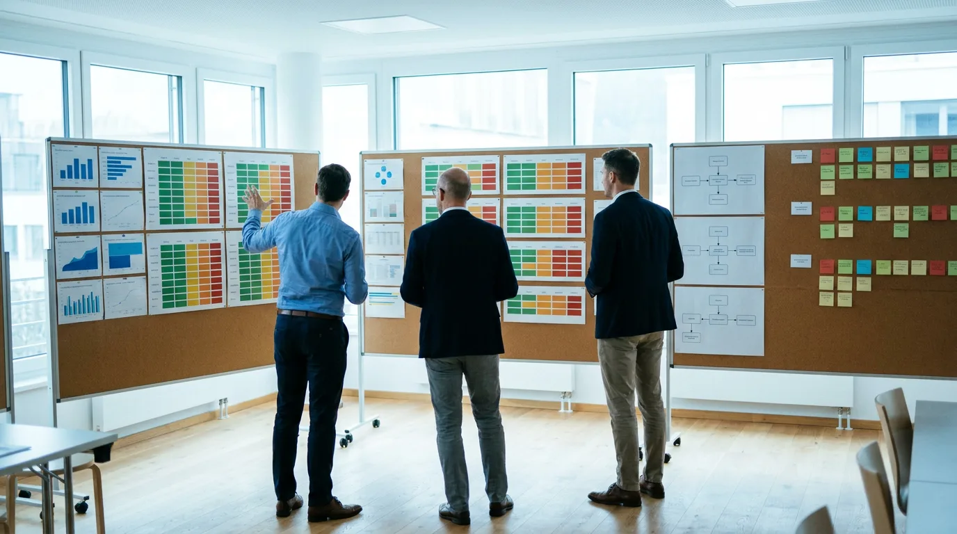 A lean big-room (obeya) with boards on the walls and a team reviewing