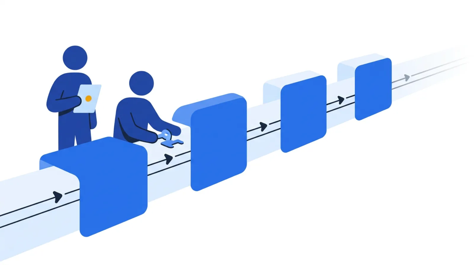 A plant manager standing at the edge of a production line observing an operator at a workstation, with the line flowing left to right and a small notebook in hand — watching the work, not the worker.