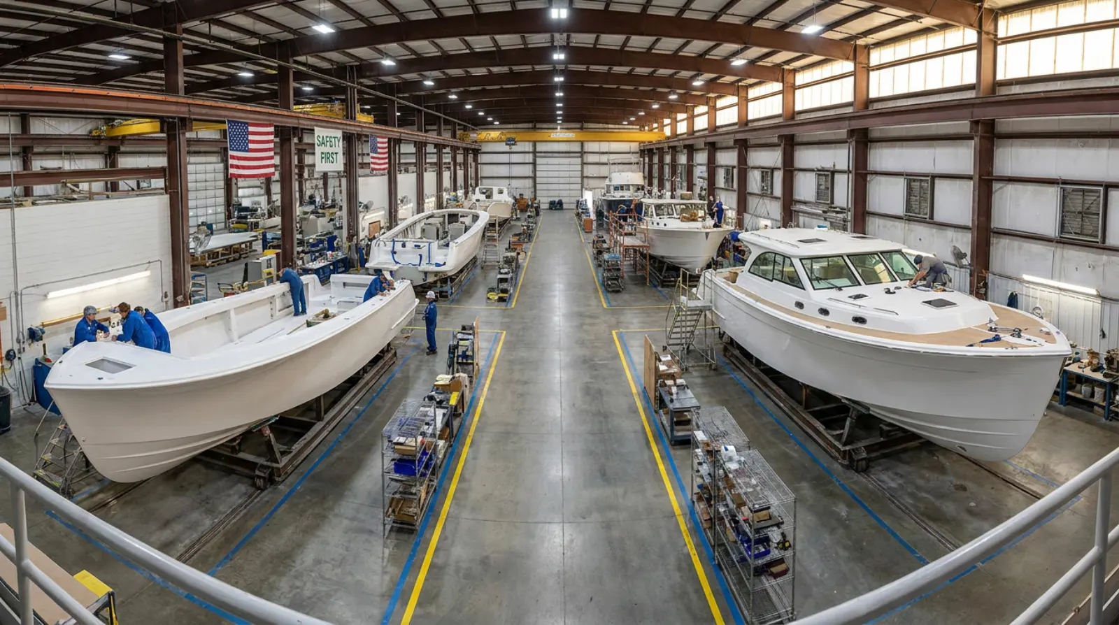Boat hulls on cradles along the aisle of a production boat yard