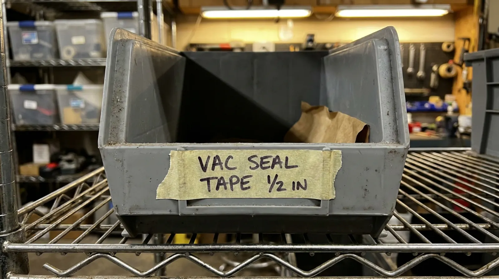 An empty bin labeled vacuum sealant tape on a stockroom shelf