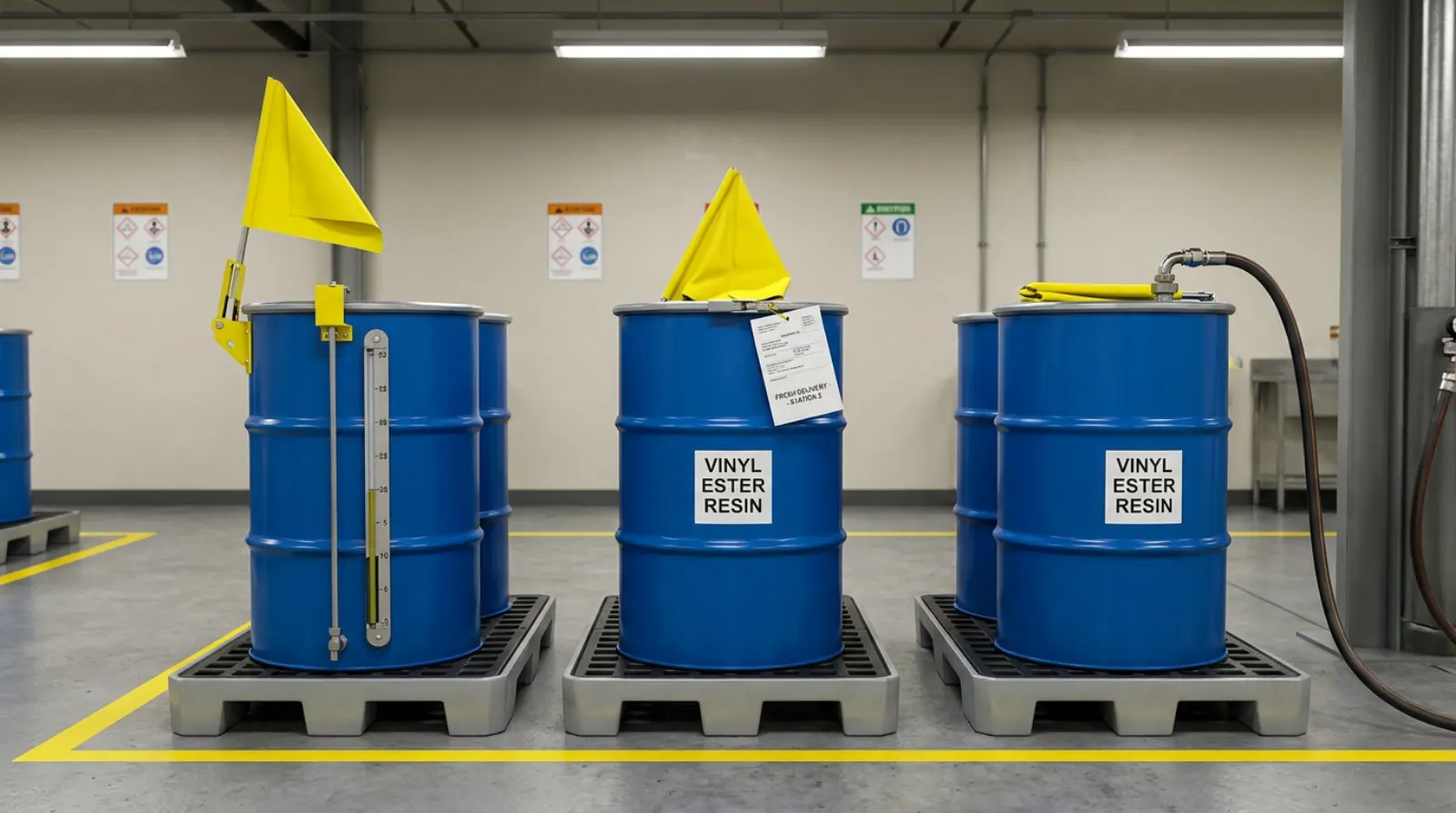 Three bulk drums in rotation, one with a raised flag