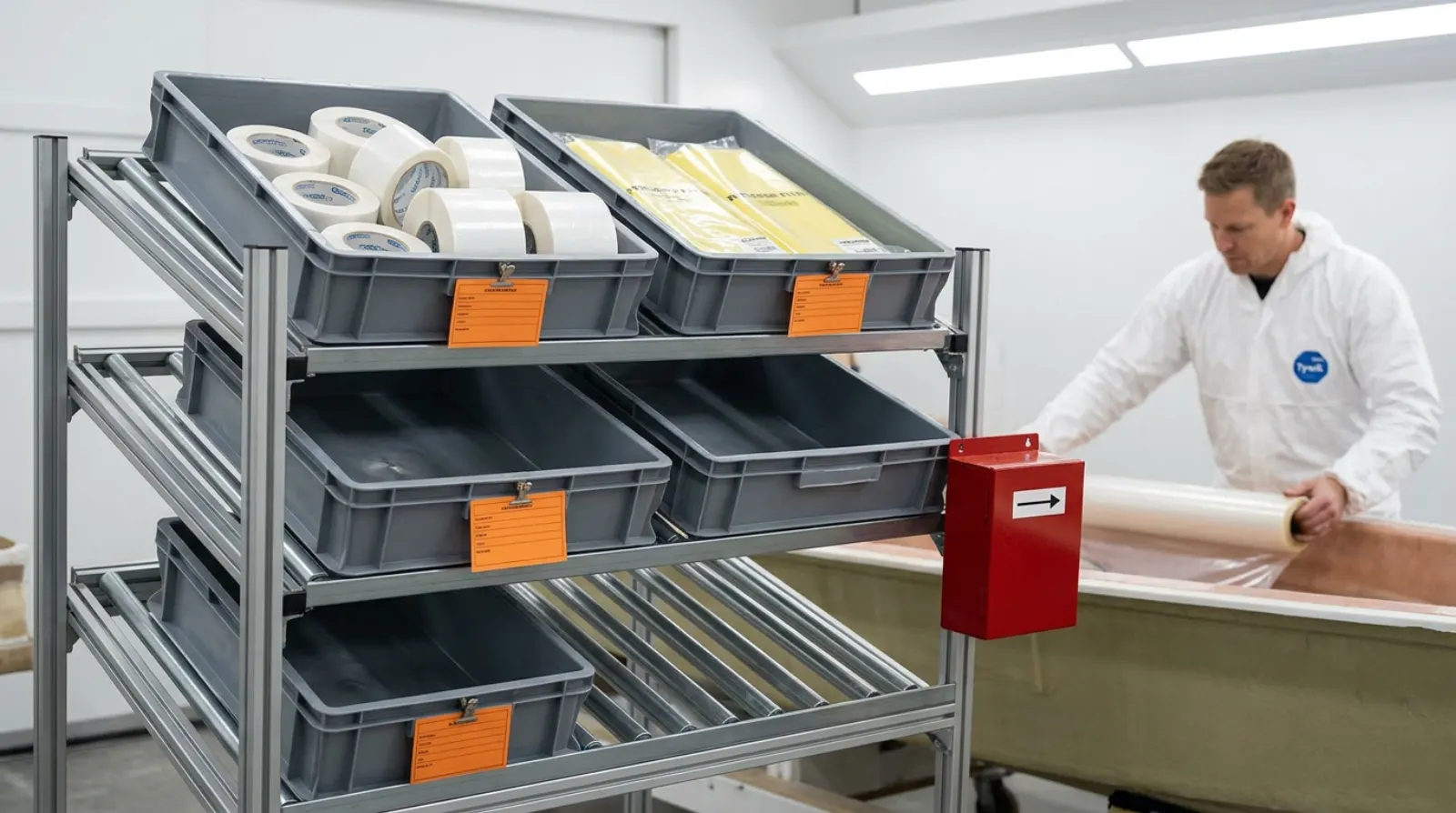A gravity-flow rack of paired bins beside a work area