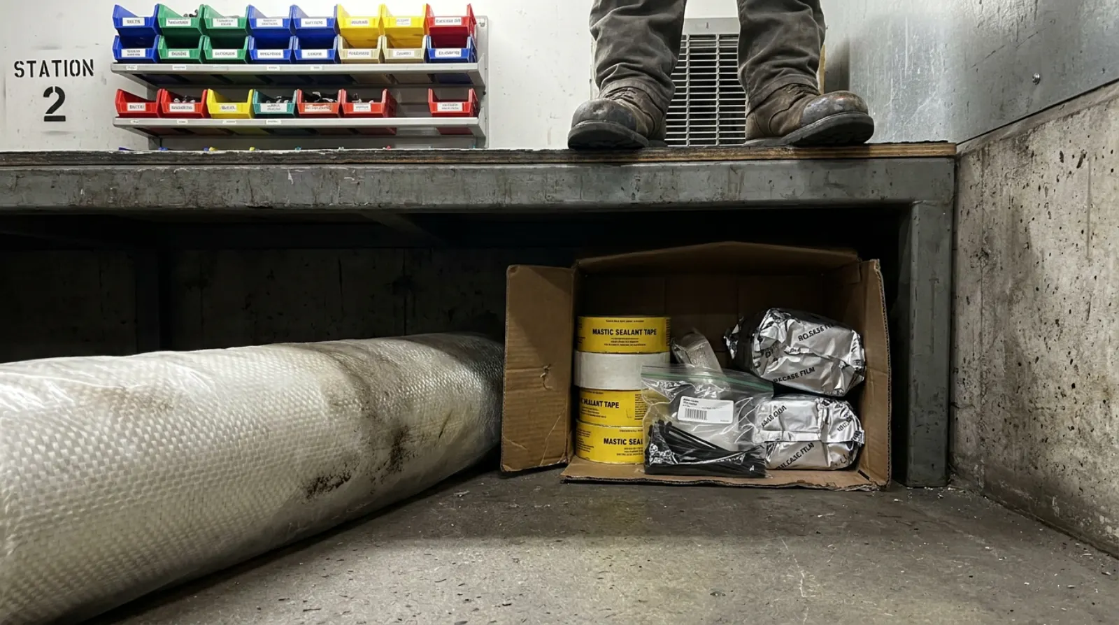 A box of spare tape and fasteners hidden under a workbench