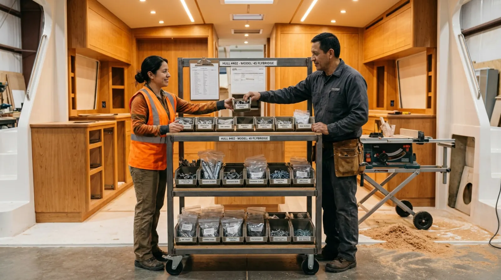 A kitting cart of hardware delivered to a joinery station
