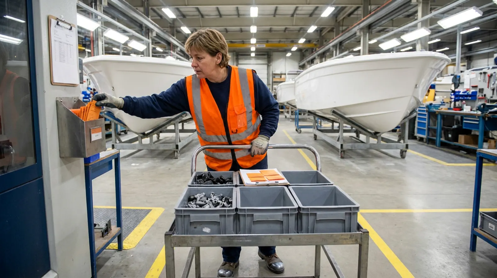 A material handler pushing a cart of full bins down an aisle