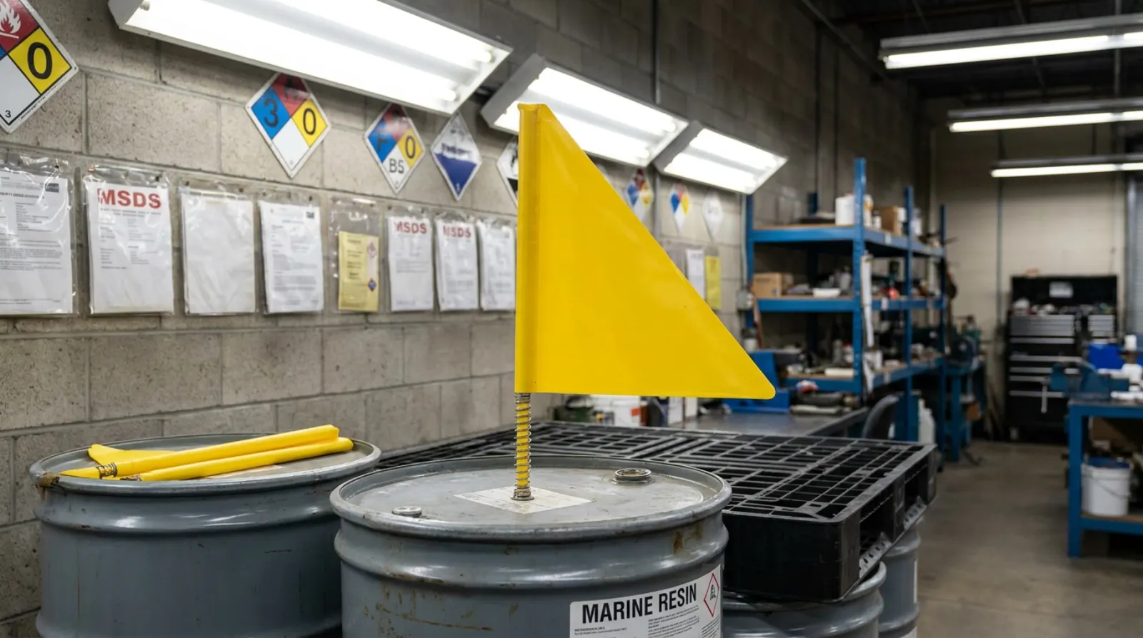 A yellow signal flag raised on a bulk drum