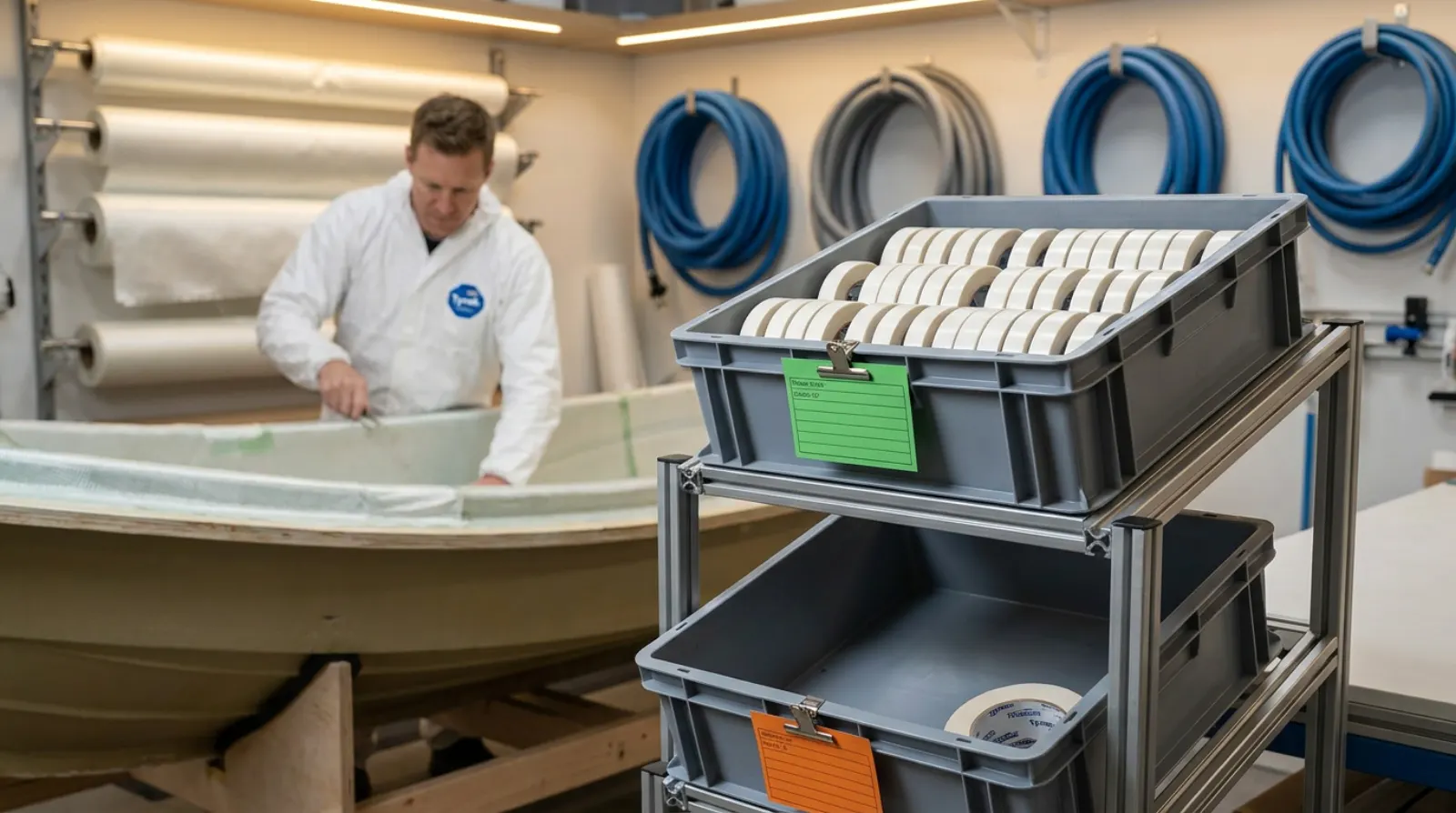 A two-bin gravity rack of tape rolls at a work station