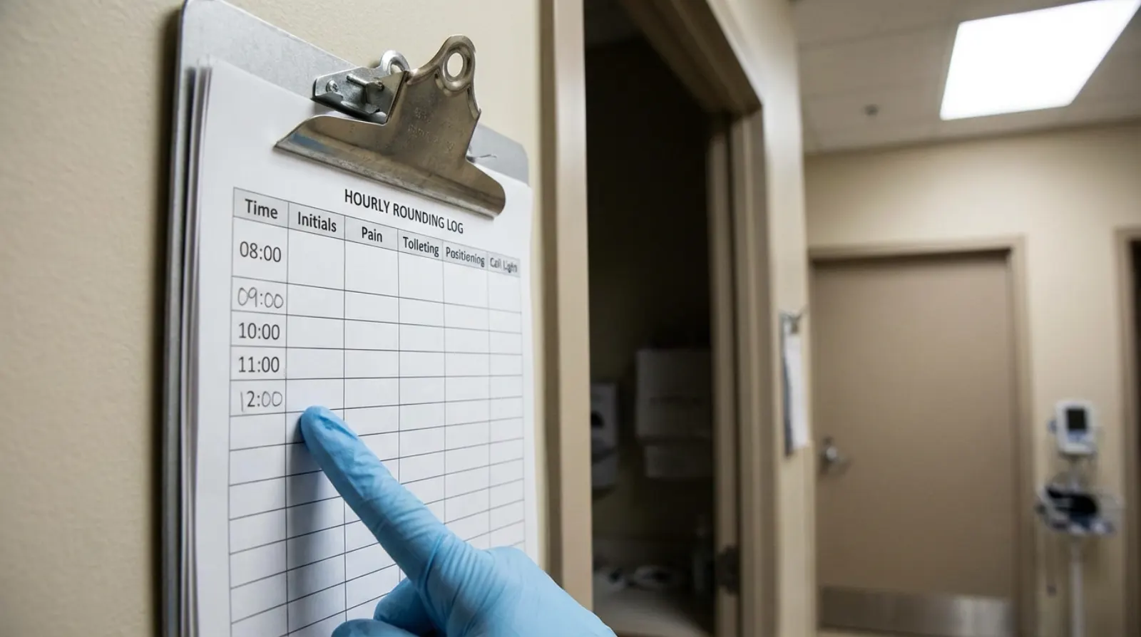 A gloved hand pointing at a blank hourly log on a clipboard