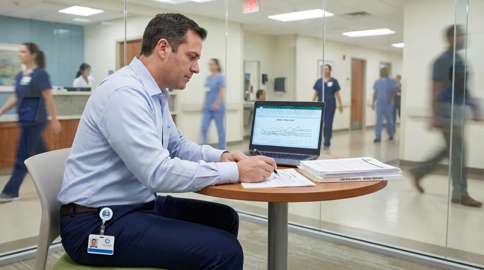 A director reviewing weekly routine sheets at a laptop