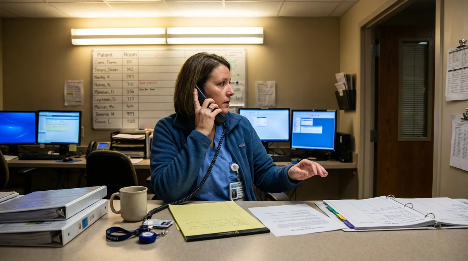 A nurse manager on the phone at a desk covered in paperwork