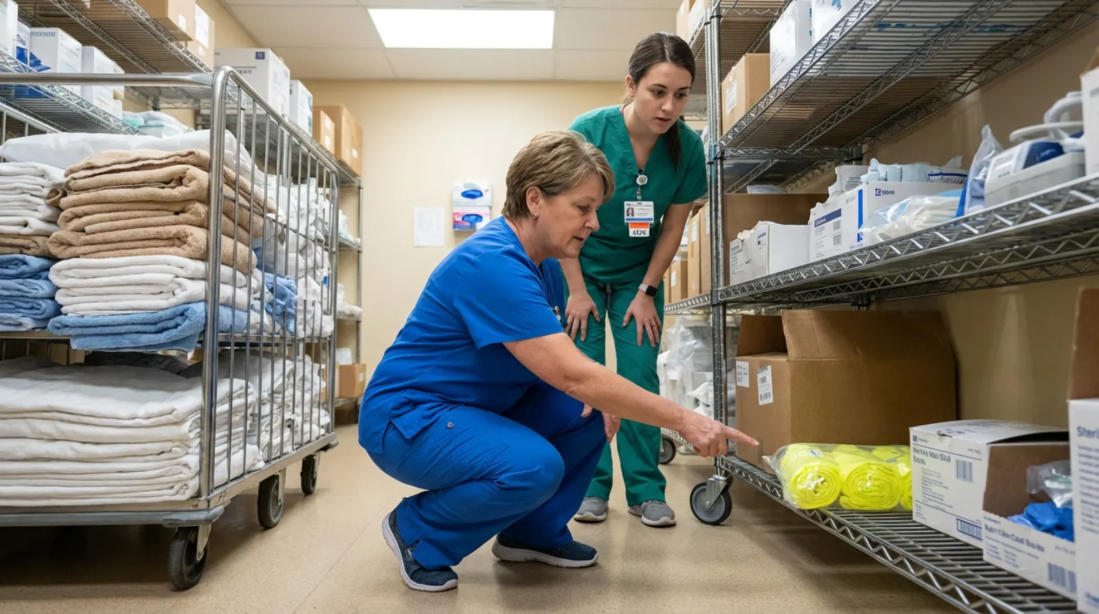 A nursing team gathered at a unit huddle board