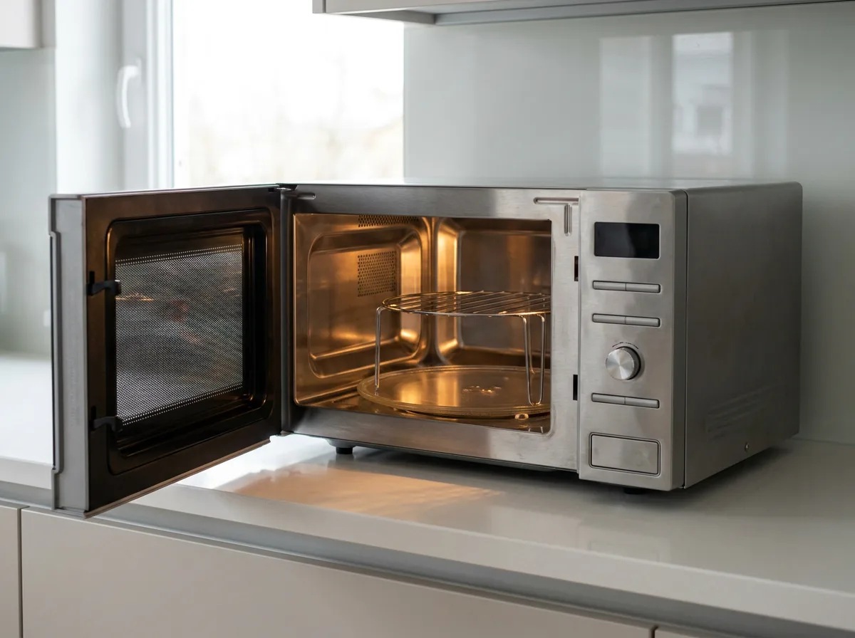 Microwave with door open, not running