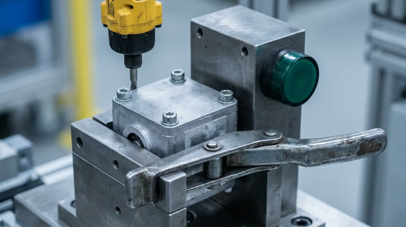 A cover plate held in a steel fixture under a torque driver, with a lamp and a clamp latch.