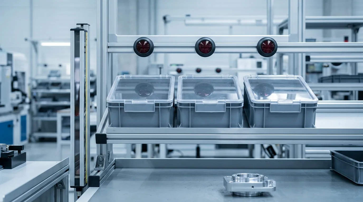 Three lidded parts bins on a rack with an indicator lamp above each one.