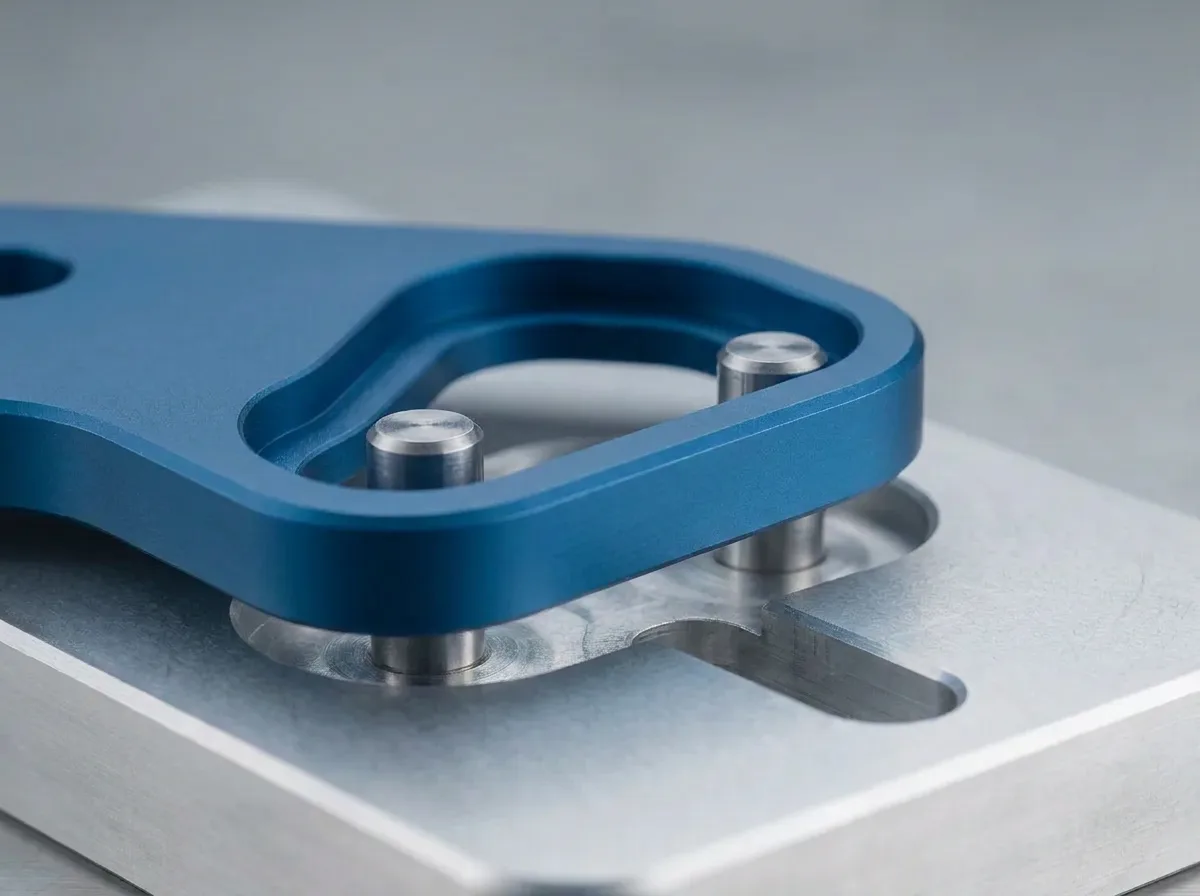 The plate seated flat on the fixture with both pins through its holes.