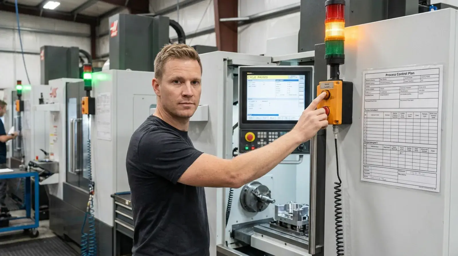 Machine operator pressing an andon call button on equipment beneath an illuminated signal stack